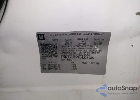 2020 Chevrolet Equinox Awd Lt 1.5L Turbo z USA, uszkodzony, nr VIN 2GNAXUEV8L6225085